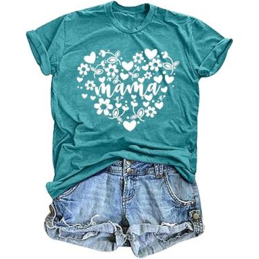 Imagem de Camisetas femininas com estampa de mamãe floral divertida Mama Heart camisetas casuais, Verde, P