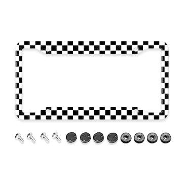 Imagem de Moldura de placa de licença de bandeira de corrida xadrez preto e branco - 1 peça capa de placa de carro de alumínio engraçado preto branco quadriculado suporte de placa de licença universal EUA-Canadá 4 furos auto etiqueta de carro para mulheres/homens