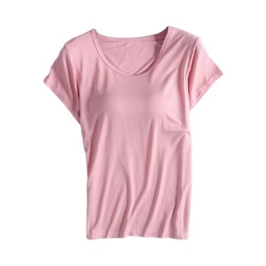 Imagem de Camisetas femininas com sutiã de prateleira embutida, blusas básicas, manga curta, gola redonda, túnica, rosa, GG