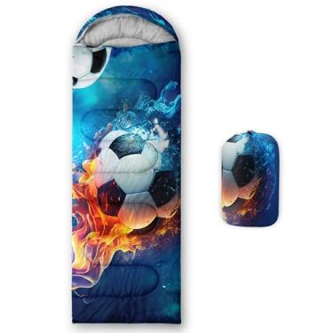Imagem de QOOMO Sacos de dormir para acampamento com estampa de futebol Ice Fire, 3 estações, clima quente e frio, leve, sacos de dormir à prova d'água para adultos e crianças, viagens e ao ar livre,