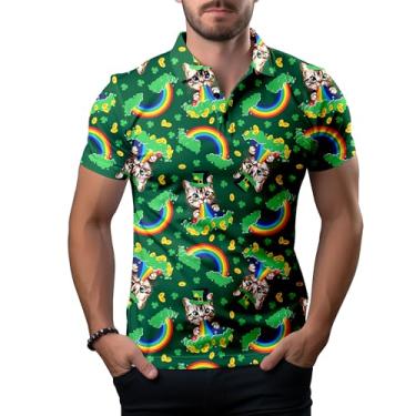 Imagem de Camisetas de golfe engraçadas neon para homens Dry Fit Performance Absorção de Umidade Presentes de Golfe Masculina Colarinho Camisa de Manga Curta, Dia de São Patrício do Gato, GG