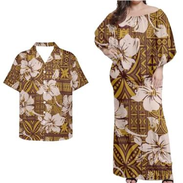 Imagem de Mornpassion Vestido polinésio feminino Puletasi Samoan manga morcego vestido havaiano camisa havaiana para casais plus size 2XS-7GG, Polinésio 07, 3G