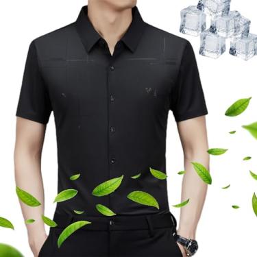 Imagem de Gentclassic – Camisa masculina respirável de seda gelada, camisa polo elástica de seda gelada, tecido sem rugas, camisas de seda, Preto, G