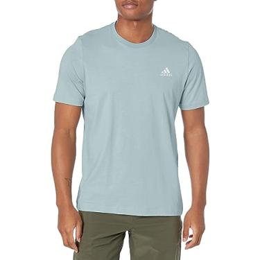 Imagem de adidas Camiseta masculina Essentials com logotipo pequeno bordado de jérsei único, Azul (Wonder Blue), Medium Short