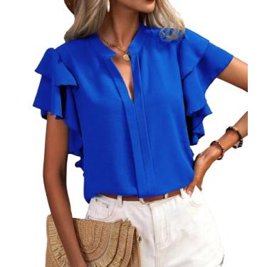 Imagem de MYCOLORBLUE Blusa feminina de verão de chiffon moderna com decote em V com babados e manga curta, Azul, GG