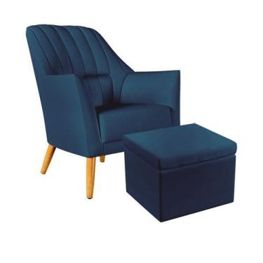 Imagem de Poltrona Decorativa Orion Bordada com Puff Quasar Sued Azul Marinho Ar