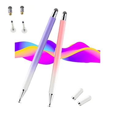 Imagem de Canetas Stylus para telas sensíveis ao toque (pacote com 2), 4 pontas substituíveis, caneta capacitiva de alta precisão para iPad, iPhone, tablets Android e todos os dispositivos universais de tela sensível ao toque (roxo e rosa)