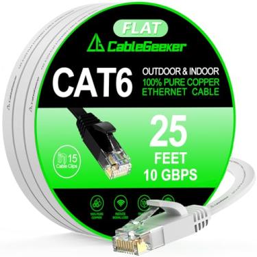 Imagem de Cabo Ethernet Cat 6 (a um preço Cat5e mas largura de banda mais alta) Cabos de rede de Internet plana - Cabo Ethernet Patch Curto Cat6 - Cabo LAN para computador Branco + Clipes de cabo e alças ..., 25ft, 25ft