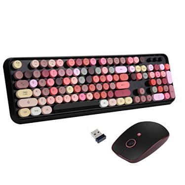 Imagem de Combo de teclado sem fio, teclado de máquina de escrever sem fio de 2,4 GHz com 104 teclas redondas retrô coloridas, teclado Letton tamanho completo para computador de escritório e mouse fofo com 3