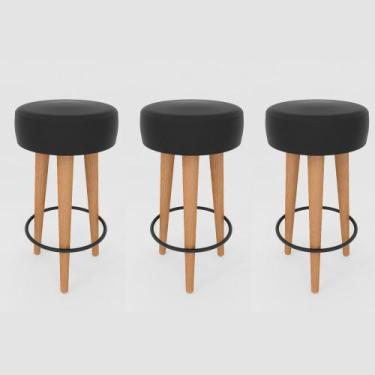 Imagem de Kit 3 Banqueta Alta Cozinha 70cm Estofada Preto Madeira Maciça Urban -