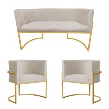 Imagem de Kit Luana Poltrona e Namoradeira Suede Bege Base Metálica Dourada - Va