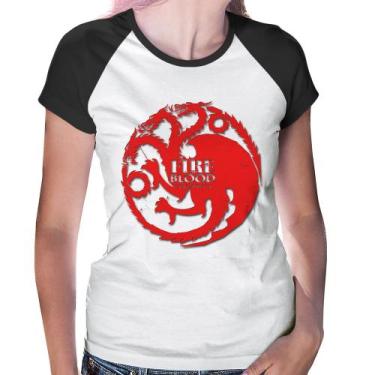 Imagem de Baby Look Raglan Fire and Blood Targaryen - Foca na Moda, Branco, Pret