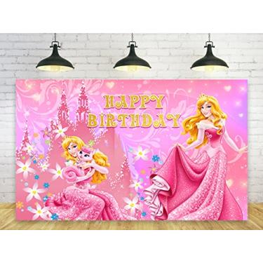 Imagem de Pano de fundo de princesa para decorações de festa de aniversário, fundo de princesa aurora para decoração de mesa de bolo de chá de bebê, faixa temática de beleza adormecida, 1,5 x 0,9 m