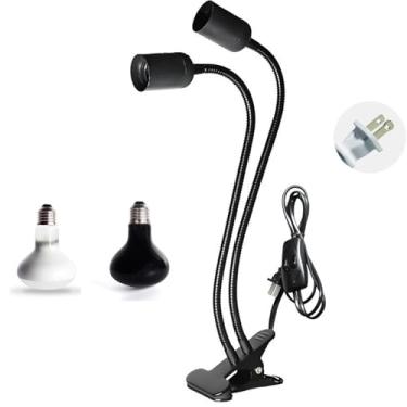 Imagem de Playful Paws Lâmpadas de calor de répteis duplos e suportes lâmpada de tartaruga com tubo rotativo e flexível lâmpada de aquecimento para tanque de répteis dia e noite (40W preto)