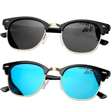 Imagem de KANASTAL Óculos de Sol Polarizado Feminino Masculino 2 Pares Azul Espelhado Preto Escuro Proteção UV Oculos Meia Armação Moda Retro Vintage Sunglasses para Praia Pesca Viagens -Preto Dourado + Azul
