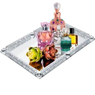 Imagem de Bandeja grande de cristal, bandejas de joias modernas espelhadas de vidro com diamante triturado, bandeja retangular de perfume de maquiagem de 39,9 cm x 30 cm para banheiro, quarto, decoração de casa