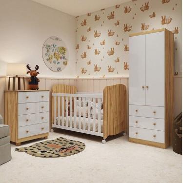 Imagem de Quarto de Bebê Completo com Guarda Roupa 2 Portas Cômoda e Berço Cambalhota 100% Mdf Espresso Móveis Branco Brilho/Amêndoa