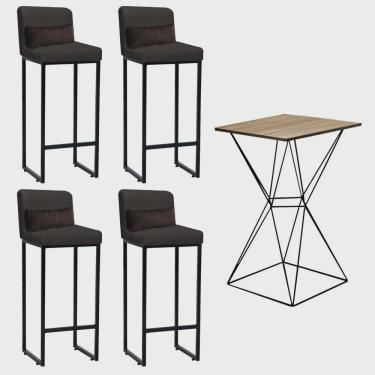 Imagem de Kit Mesa Bistrô Flork e 4 Banqueta Lucca Alta Com Encosto Tampo Madeira Ferro Preto Corino Cinza e Almofada Marrom - Ahazzo Móveis