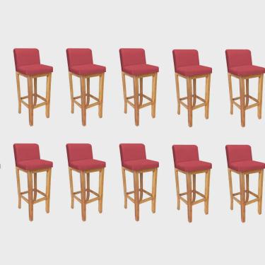 Imagem de Kit 10 Banqueta Alta Com Encosto Aila Balcão Bistrô Base Madeira Maciça Corino Vermelho - Ahz Móveis
