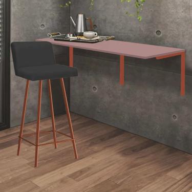 Imagem de Kit Mesa Suspensa de Parede Fixa mdf Rosa + 1 Banqueta Lexi Ferro Bronze Suede Preto - Ahazzo Móveis