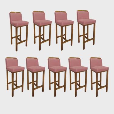 Imagem de Kit 09 Banqueta Alta Com Encosto Agnes Cozinha Balcão Bistrô Base Madeira Rústico Suede Rose Gold - Ahz Móveis