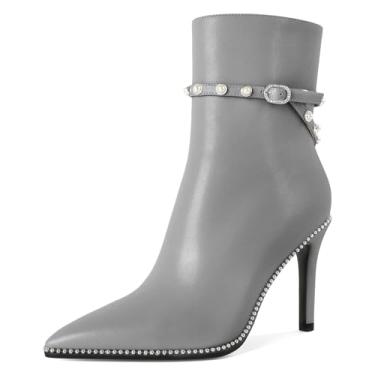 Imagem de SAMMITOP Botas femininas de cano curto, bico fino, salto alto stiletto, moderno, com contas, fivela de pérola, sapatos sociais, 9 cm, Cinza, 36 BR