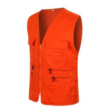 Imagem de Colete De Pesca Casual Masculino, Colete Sem Mangas Para Caça Ao Ar Livre Fotografia E Pesca Com Vários Bolsos, Jaqueta À Prova De Vento Com Zíper E Forro Da Moda, Para Escalada(Orange,Large)