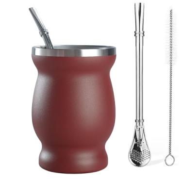 Imagem de FAMKX Copo de Erva Mate de 227 g com canudo Bombillas e escova de limpeza, caneca de cabaça de viagem de parede dupla de aço inoxidável, (vermelho escuro)