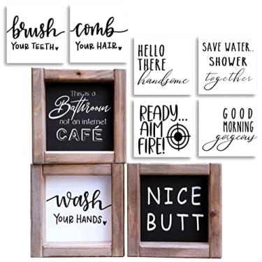 Imagem de Decoração de parede de banheiro engraçada, Penepico Farmhouse bem-humorada conjunto de 3 placas de banheiro engraçadas com 9 frases intercambiáveis. Acessórios rústicos para banheiro de madeira, conjunto de arte de parede com prateleira, placas de decoração para banheiro infantil, 15 x 15 cm