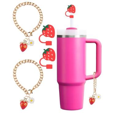 Imagem de Capa de canudo para acessórios Stanley Cup, pingentes de morango para copos Stanley, capas de topo de canudos de silicone fofas para copo de 30 1,134 g com alça, tampa de palha de 10 mm 1 cm (vermelha