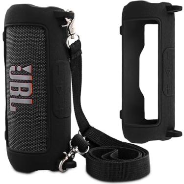 Imagem de co2CREA Capa de silicone para alto-falante portátil à prova d'água JBL Flip 7, capa macia de viagem portátil com alça de ombro, capa protetora (apenas capa preta)