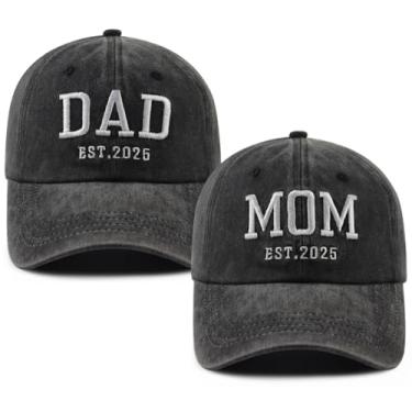 Imagem de Boné de beisebol 2 peças Mom and Dad EST 2025 para mulheres e homens, boné de beisebol bordado de algodão ajustável engraçado para novos pais, Preto, Tamanho �nica