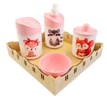 Imagem de Kit Higiene Bebê Floresta Encantada c/bandeja MDF - Menino e Menina - 
