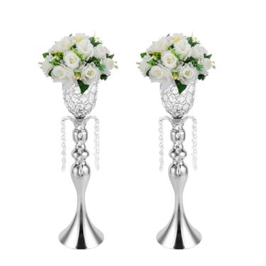 Imagem de Vasos de casamento com pingente de cristal, peças centrais de trompete de metal prateado, elegantes suportes de flores em forma de tulipa, vasos decorativos de arranjo de flores prateadas para eventos