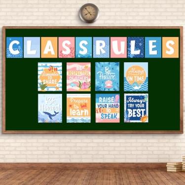 Imagem de Janlaugh Conjunto de pôsteres de regras de classe 18 peças 30 x 25 cm de volta às aulas pôsteres motivacionais para decoração de parede de sala de aula pré-escolar (Ocean Boho)