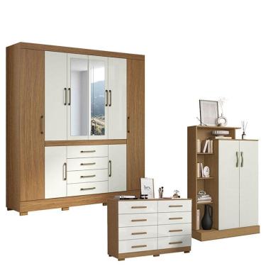 Imagem de Guarda Roupa Casal Nápole 2045149 com Armário Multiuso Florença 2000199 e Cômoda 8 Gavetas 2014148 Atacama Off White - Aramóveis