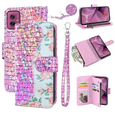 Imagem de Dibosom Capa carteira floral para Motorola Moto G55 5G com alça de pulso alça de ombro flip zíper bolsa porta-cartão, suporte de couro PU de luxo brilhante brilhante brilhante capa de celular para