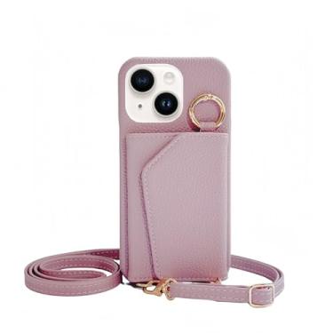 Imagem de Lejanuxy Capa tipo carteira transversal para iPhone 14 com suporte para cartão e espelho, alça ajustável, couro roxo rosado