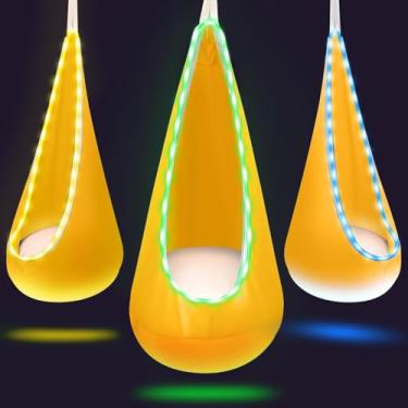 Imagem de Cadeira giratória iluminada para ambientes internos e externos, com luzes LED, macia e segura, capacidade de carga de 79,8 kg, fácil instalação, perfeita para quarto, jardim e sala de jogos (amarelo)