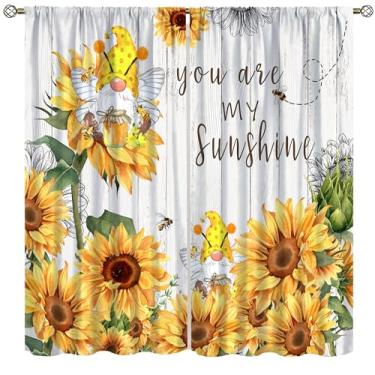 Imagem de wlsgdsg Cortinas de cozinha de girassol, flores amarelas de gnomo rústicas em madeira estampadas de fazenda, tratamentos de janela, bolso para varão, para crianças, meninos, meninas, sala de estar