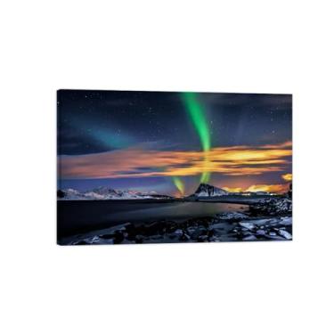 Imagem de Pintura de parede Aurora - Impressão em tela de paisagem - Céu estrelado de aurora - Impressão de imagem de natureza em tela - Pôster com moldura de madeira - Decoração de casa emoldurada 70 x 105 cm