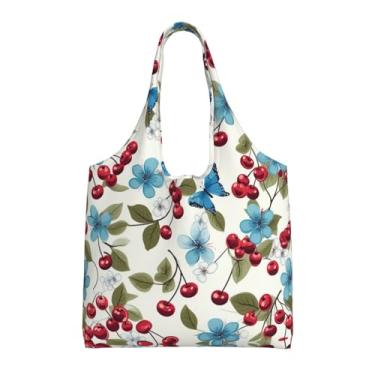 Imagem de GlbnSHeric Bolsa feminina reutilizável de compras de lona com borboleta azul cereja bolsa de ombro dobrável, Borboleta azul cereja, One Size