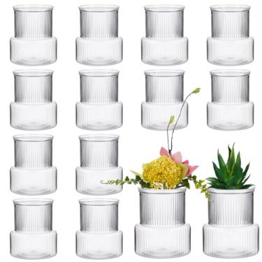 Imagem de Ninehaoou Pacote com 12 vasos de flores canelados, vasos florais de plástico transparente modernos para centros de mesa de casamento, suporte para buquê de plantas de flores, 12 cm