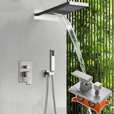 Imagem de Torneira De Chuveiro Preto Fosco Chuveiro De Chuva Cascata Com Chuveiro De Mão Sistema De Chuveiro Oculto Caixa Embutida Torneira De Chuveiro De Banho, Brushed Nickel