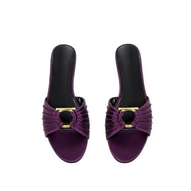 Imagem de Verdusa Sandálias femininas elegantes de couro acetinado com anel de metal e bico fino sem cadarço, Roxa, 39