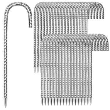 Imagem de Pacote com 36 estacas de vergalhão de jardim de 30 cm, aço galvanizado antiferrugem, gancho em forma de J, âncoras de solo resistentes para tendas, kits de posição, cercas e tecido paisagístico de