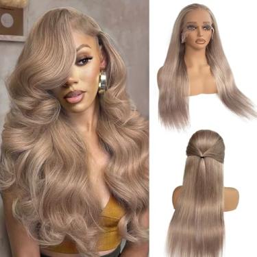 Imagem de Perucas de cabelo humano longo liso loiro acinzentado frontal de 76 cm para mulheres, loiro acinzentado claro colorido 33 x 15 HD peruca frontal invisível cabelo humano, parte livre perucas sem cola
