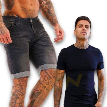 Imagem de Kit Bermuda Jeans Skinny + Camiseta Masculina Manga Curta Algodão 471 
