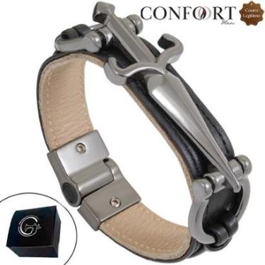 Imagem de Pulseira de Couro Bracelete Preto Magnética Símbolo Grafite-Unissex