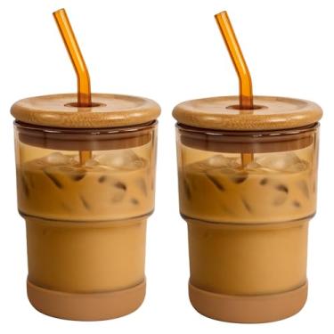 Imagem de Zukro Copo de água de vidro de 400 ml com canudo e tampa de bambu, copo de café gelado de parede grossa reutilizável com bota de silicone, copos de vidro fofos para matcha, chá gelado, presente para